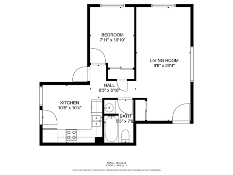 Floor plan for 1 bed, 1 bath, 600 sqft